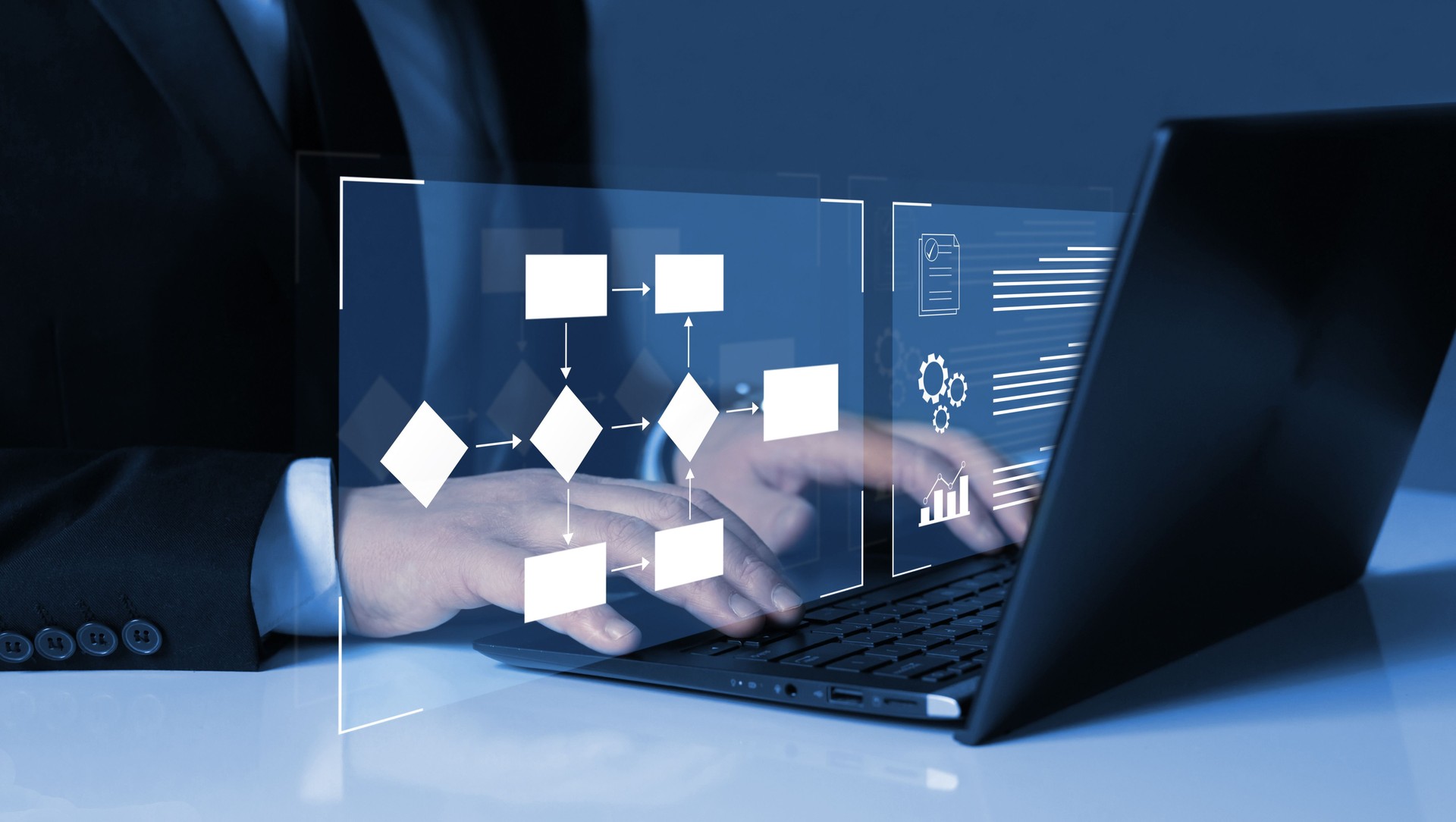 Process management with flowchart to improve productivity 
and  successful efficiency of the company. Workflow robotic  automation concept.